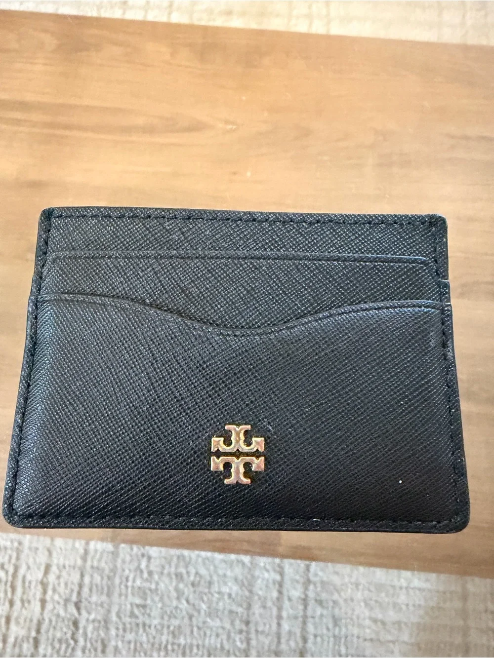 Tory Burch Black Leather Card Holder with Gold Logo Accent